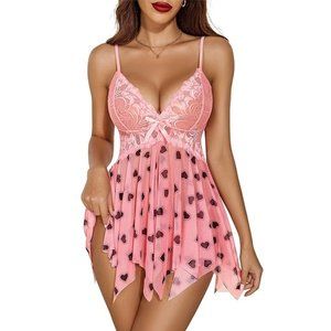 Pink Heart Lace Babydoll Sleepwear Boudoir Outfit